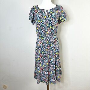 Talbots Petite Floral Print Dress Blue Short Sleeve Keyhole Neck Midi‎ Size 4P